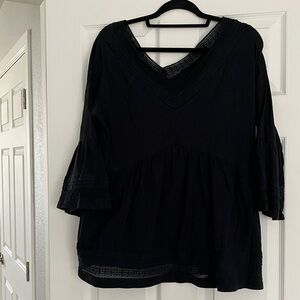Anthropologie Black V-Neck Peasant Tunic with Crochet Accents